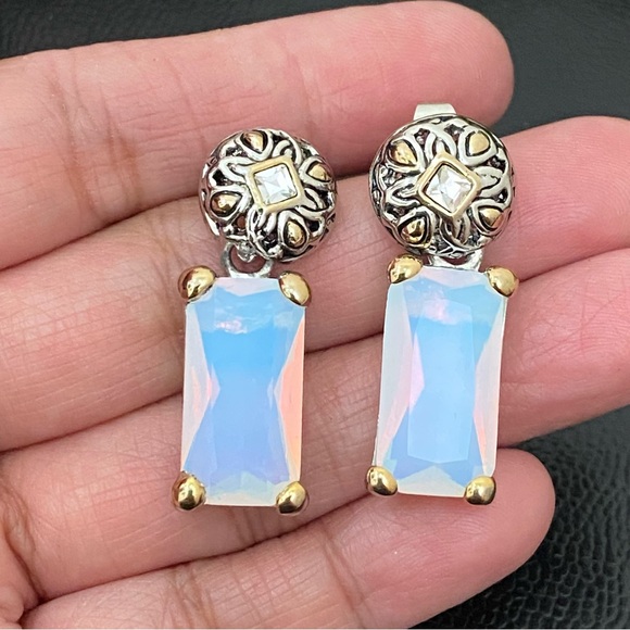 EXP Signed Opalite Crystal 2-tone Dangle Drop Post Earrings 15g - Picture 8 of 15